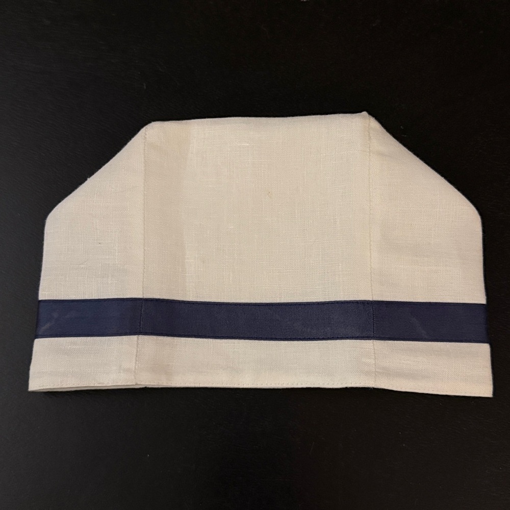 Matouk White Square Linen Tissue Box Cover with Navy Trim